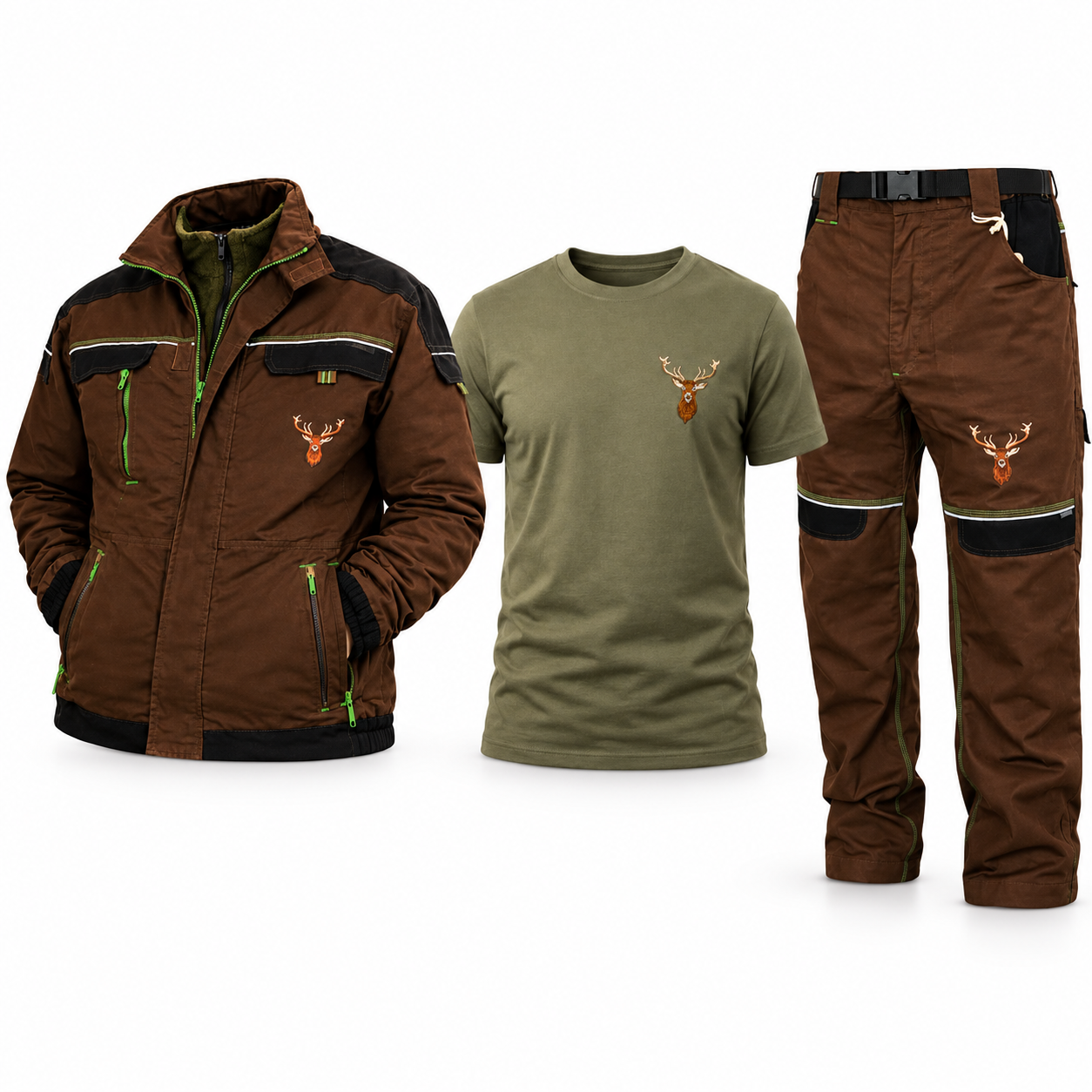 Costum de vânătoare profesional cu cerb brodat – geacă , pantaloni si tricou